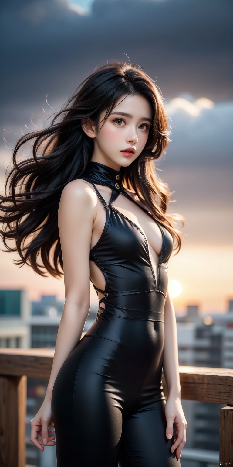  NSFW,Frontal photography,Look front,evening,dark clouds,the setting sun,On the city rooftop,1girl,Black top,Black Leggings,black hair,long hair, dark theme, muted tones, pastel colors, high contrast, (natural skin texture, A dim light, high clarity) ((sky background))((Facial highlights)),cleavage cutout