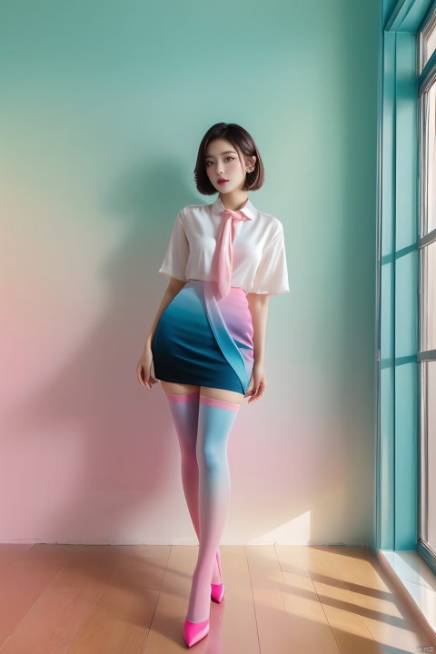  (Masterpiece, Best Picture Quality, High Definition Photo, 8k),Girl,Short Hair,(Blue and Cyan and Pink | Silk Stockings, Gradient:1.2),Warm Tone,Studio,Supplementary Light,