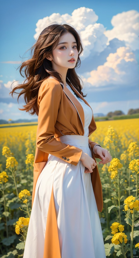 An elegant woman, dressed in an orange suit with wavy hair, stood in a field of flowering rape flowers against a background of blue sky and white clouds. The Breeze made the corners of her clothes and hair flutter slightly, famous artist, Master of light art painting, high definition photography, cover design