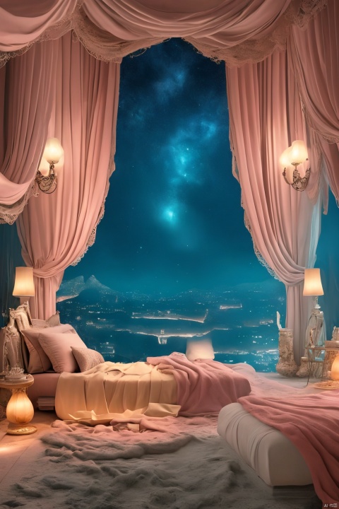 A dreamlike bedroom filled with wonders, walls adorned with paintings of various shapes and colors, the ceiling decorated with colorful lanterns, the bed covered with pink sheets, the bedside table adorned with various trinkets, a beautiful starry sky visible through the window, high quality picture, sharp focus, intricate details, vibrant colors, surreal, fantastical, magical, whimsical, dreamy, enchanting, serene, cozy, inviting, peaceful, tranquil, warm, comfortable, homely, welcoming, enveloping, embracing, captivating, mesmerizing, immersive, engaging, entrancing, bewitching, enchanting, alluring, captivating, enticing, enthralling, riveting, spellbinding, fascinating, mesmerizing, intoxicating, hypnotic, entrancing, alluring, captivating, enticing, enthralling, riveting, spellbinding, fascinating, mesmerizing, intoxicating, hypnotic, entrancing.