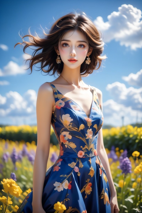  An elegant woman in a peacock-feather dress, short blonde hair, standing in a field of flowering rape flowers against a backdrop of blue skies and white clouds, her hair and the corners of her dress fluttering slightly in the breeze, in high-definition, famous artist, Master Light&#039;s art painting