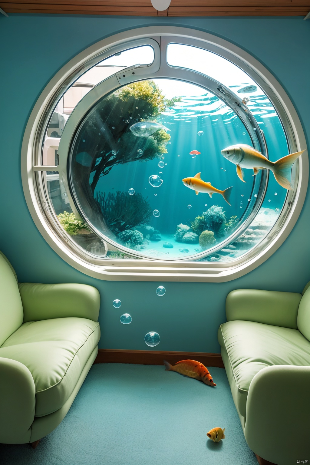 indoors, no humans, window, ground vehicle, scenery, fish, bubble, underwater, air bubble, train interior