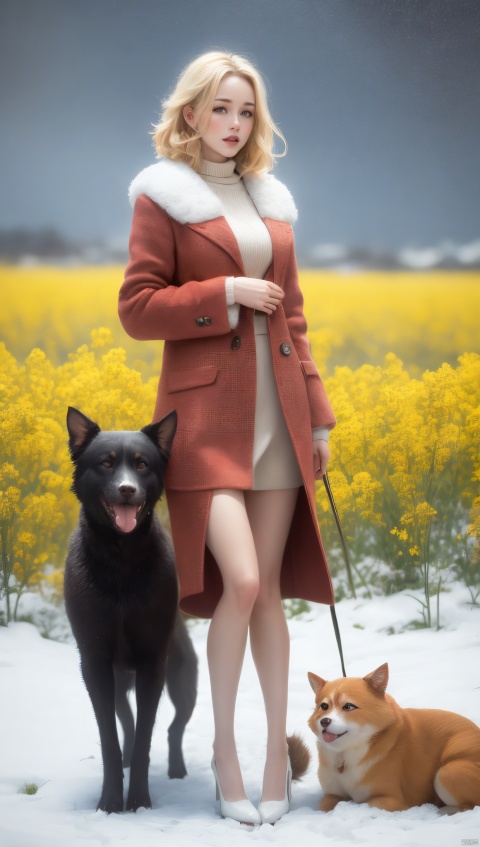 A woman in a red tweed coat, short blonde hair, standing gracefully among the canola flowers, next to a happy dog, snowflakes falling from the sky, snowflakes covering the earth, thick snow, a high-definition photo, an elegant woman, wearing a long coat, blonde hair, long legs, bare legs, high heels, standing in the rape field, snow falling, snow falling on the ground, this photo was taken at Artstation by Greigg Ruttkowski, a photographic realist painting by Midtrip.
