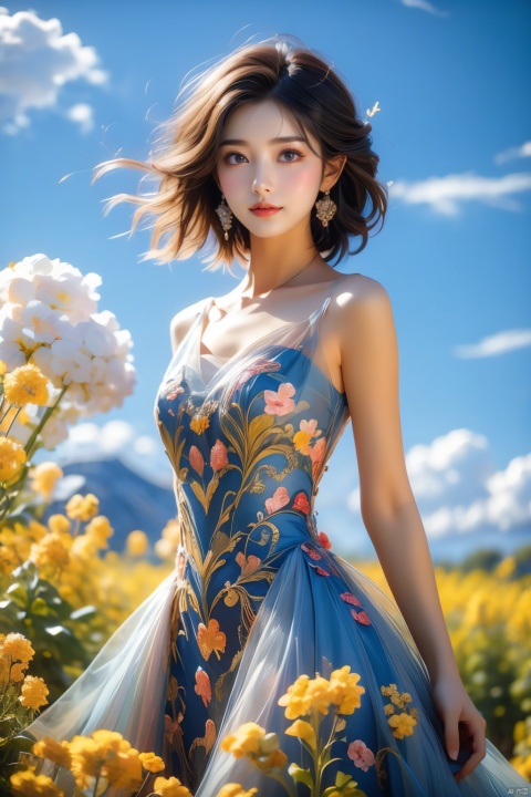  An elegant woman in a peacock-feather dress, short blonde hair, standing in a field of flowering rape flowers against a backdrop of blue skies and white clouds, her hair and the corners of her dress fluttering slightly in the breeze, in high-definition, famous artist, Master Light&#039;s art painting