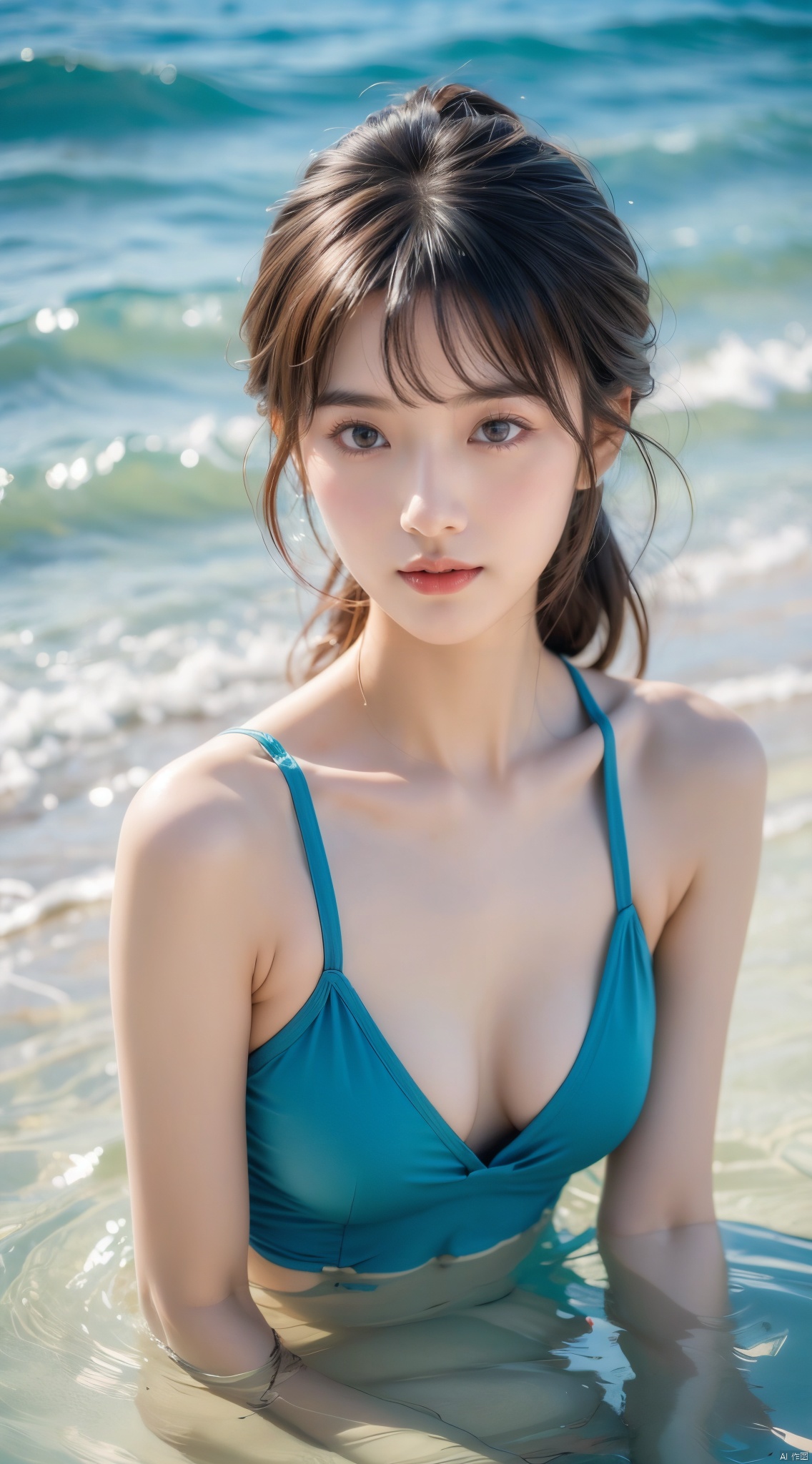  best quality, masterpiece,little girl,12 years old,beautiful detailed eyes,aqua eyes,solo,bunches,bangs,cute face,swimsuit,Playing in the water by the beach,realistic,8k, xiqing
