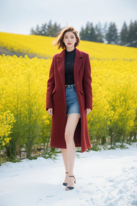 A woman in a red tweed coat, short blonde hair, standing gracefully among canola flowers, snowflakes falling from the sky, snowflakes covering the earth, thick snow, a high-definition photo, an elegant woman, long coat, blond hair, long legs, bare legs, high heels, standing in a rape field, snowflakes falling, Snowflakes falling to the ground, this photo was taken by Greigg Ruttkowski at Artstation