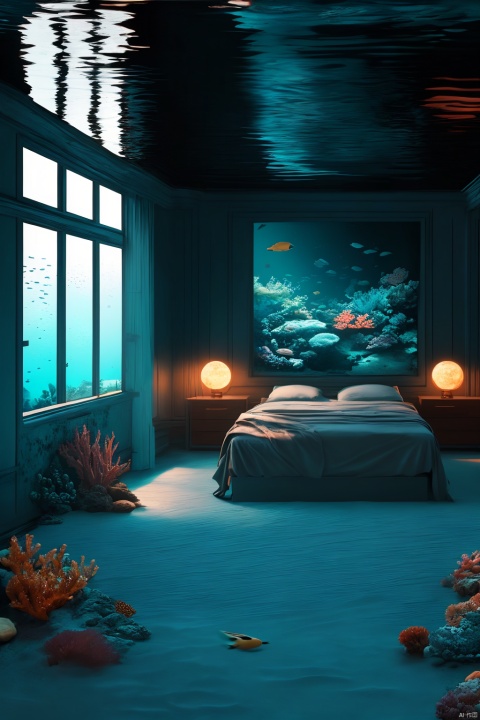 A luxurious bedroom located under the sea, surrounded by colorful corals and tropical fish, with a large bed covered in silk sheets. The walls of the bedroom are made of transparent crystal, allowing the outside marine life to swim freely. The whole scene is filled with mystery and a dreamy atmosphere. High quality, high resolution, sharp focus, photorealistic painting art by midjourney and greg rutkowski.