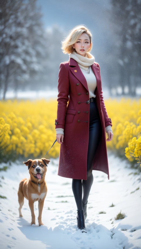 The Asian woman, a woman in a red tweed coat and short blonde hair, stood gracefully among the canola flowers, next to a happy dog, and the snow fell from the sky, and covered the earth with it, and the snow was thick, a high-definition photo of an elegant woman in a long coat, blonde hair, long legs, bare legs, high heels, standing in a rape field, snow falling, snow falling on the ground, this photo was taken at Artstation by Greigg Ruttkowski, a photographic realist painting by Midtrip.