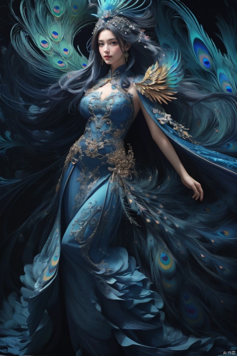  Best Quality,full body, masterpiece, ultra-high resolution, (photo realistic: 1.4) , Surrealism, Fantastical verisimilitude, beautiful blue-skinned goddess Phoenix Peacock on her head, fantastical creation, thriller color scheme, surrealism, abstract, psychedelic, 1 girl, (\shuang hua\), nai3, xiqing