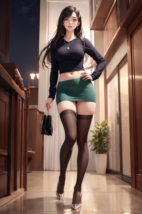  best quality, ultra detailed, masterpiece, wall paper, fashion, Lipstick, tall girl, Dim light, Tyndall effect, 1girl, solo, (full body:1.2),(thighhighs:1.1),dynamic pose, looking at viewer, glossy skin, (hair ornament),Tight, Self-cultivation,(dark green sweater:1.1),
necklace, jewelry,gray miniskirt, brown hair,black high heels, jitome,absolutely long hair, midriff, navel, (photorealistic:1.4), depth of field, (dark, night:1.3),A busy street,Rich shopping malls,black pantyhose, perfect body, (fine fabric emphasis:1.21),nipples,from below, (\fan hua\), tutututu,high heels