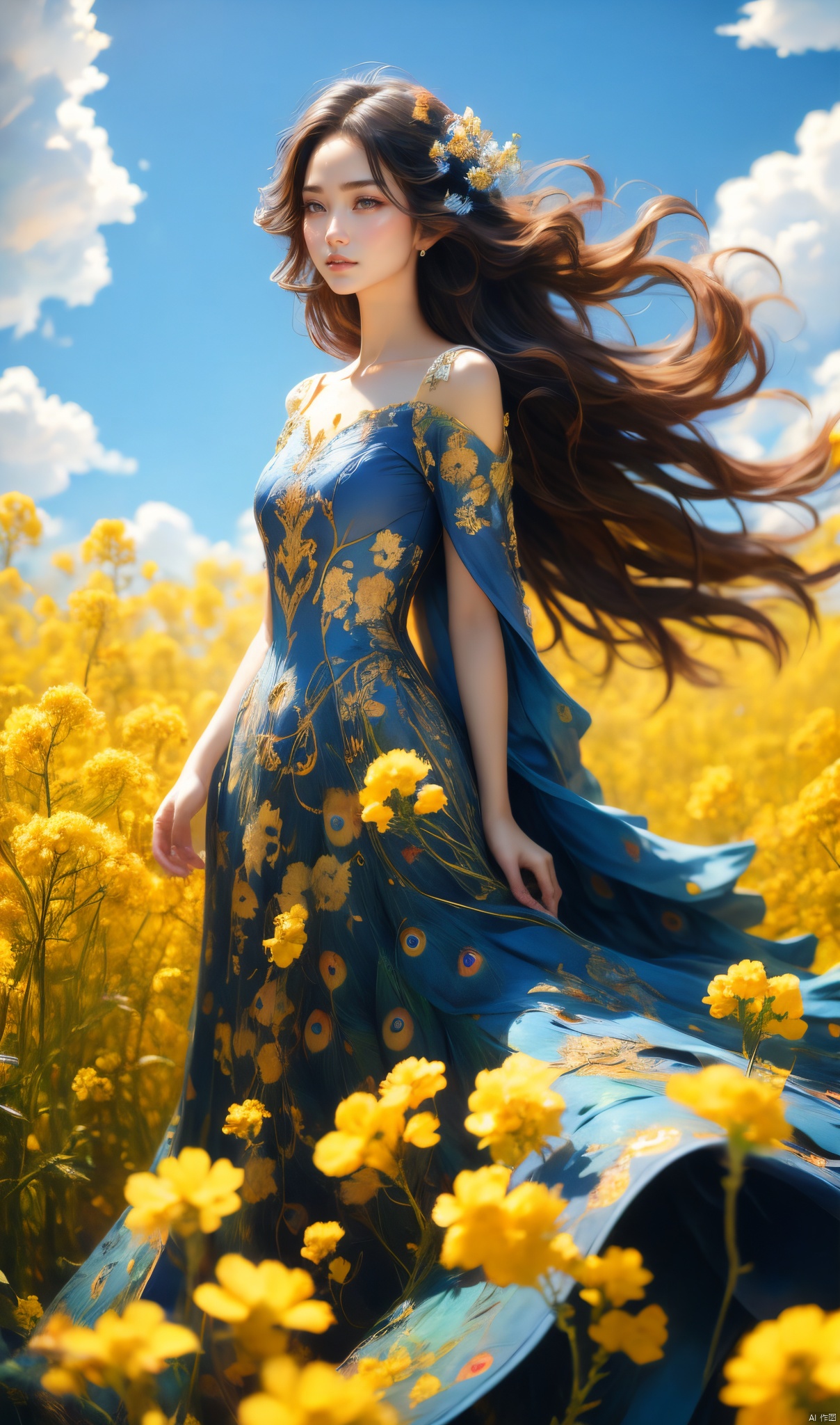  A girl wearing a peacock blue dress standing in the golden rapeseed flower field, her hair gently swaying in the breeze, bathed in sunlight, making her look like a fairy. Behind her is an endless sea of rapeseed flowers, with blue skies, white clouds, and rolling hills in the distance. High-definition photo of a girl in a peacock-blue dress standing in a rapeseed flower field, with long hair fluttering in the wind, bathed in golden sunlight, looking like a fairy, with a vast sea of rapeseed flowers, blue sky, white clouds, and rolling hills in the background. Sharp focus, high-quality picture, dramatic, photorealistic painting art by midjourney and greg rutkowski., Light master