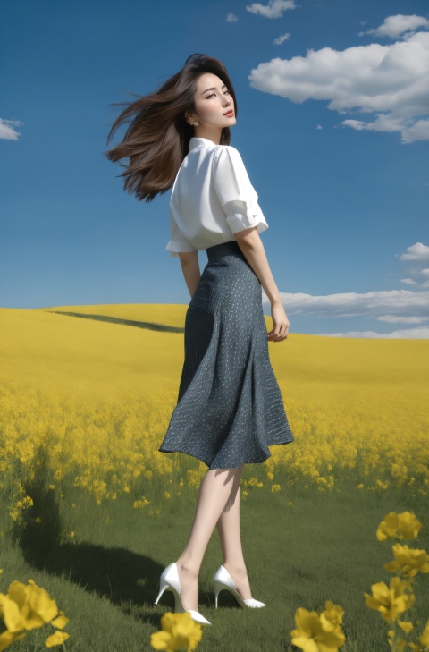  elegant asian woman in a black Mosaic dress,standing in a field of flowering rape flowers against a backdrop of blue skies and white clouds, Fairy, crystal, jewels,Crystal clear,eyeshadow,dynamic pose,(the skirt sways with the wind:1.2),(skirt_hold:1.2),high heels,Charming eyes,sideways_glance,exquisite facial features,slim legs,graceful yet melancholic posture,full shot,dutch angle,from_side,medium_shot,soft lighting,dramatic,perfect lighting,simple_background,(masterpiece, realistic, best quality, highly detailed, Ultra High Resolution, Photo Art, profession,cinematic_angle),plns,sw,1girl, dress,nature,colorful, sunyunzhu, blackpantyhose,print legwear