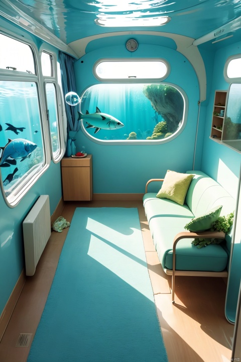  indoors, no humans, window, ground vehicle, scenery, fish, bubble, underwater, air bubble, train interior