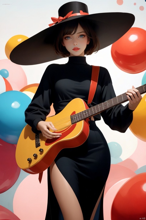  A person wearing a Memphis style outfit, with a large hat and holding a guitar, standing in front of a brightly colored geometric background. The face is relaxed and happy, surrounded by colorful balls of various colors. High resolution image, trending on ArtStation, trending on CGSociety, Intricate, High Detail, Sharp focus, dramatic, photorealistic painting art by midjourney and greg rutkowski., hy, tm