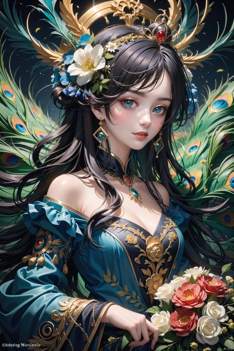  A peacock princess wearing a magnificent feather dress, adorned with a golden crown on her head, holding a bouquet of colorful flowers in her hand. She looks confident and proud in the eyes. High quality artwork featuring a beautiful peacock princess in a detailed oil painting by Vincent van Gogh, digital art by Greg Rutkowski and Alphonse Mucha. The image is full of vibrant colors and intricate details, resembling a fairy tale from a fantasy world., ((poakl flower style)), (\shen ming shao nv\)