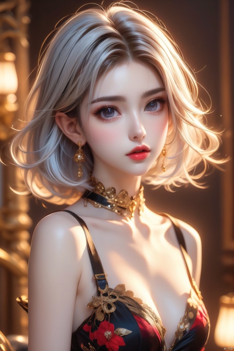  Best Quality, masterpiece, Super High Resolution, Girl, Solo, short hair, white hair, exquisite, lipstick, sexy, Game CG, HD 16K