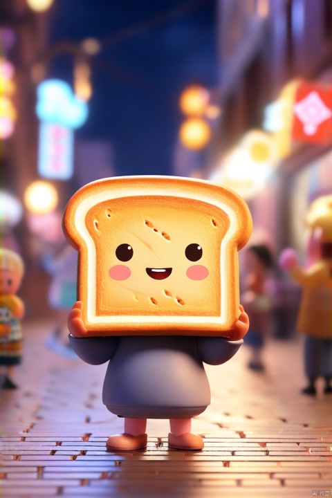 一个可爱的3D小人站立在热闹的街头,她的手里举着一块大大的吐司面包。周围是夜晚的城市景象,灯光闪烁,人们来往匆匆,给这个场景增添了一种独特的氛围