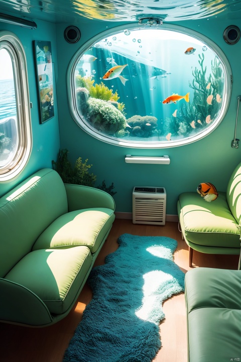  indoors, no humans, window, ground vehicle, scenery, fish, bubble, underwater, air bubble, train interior