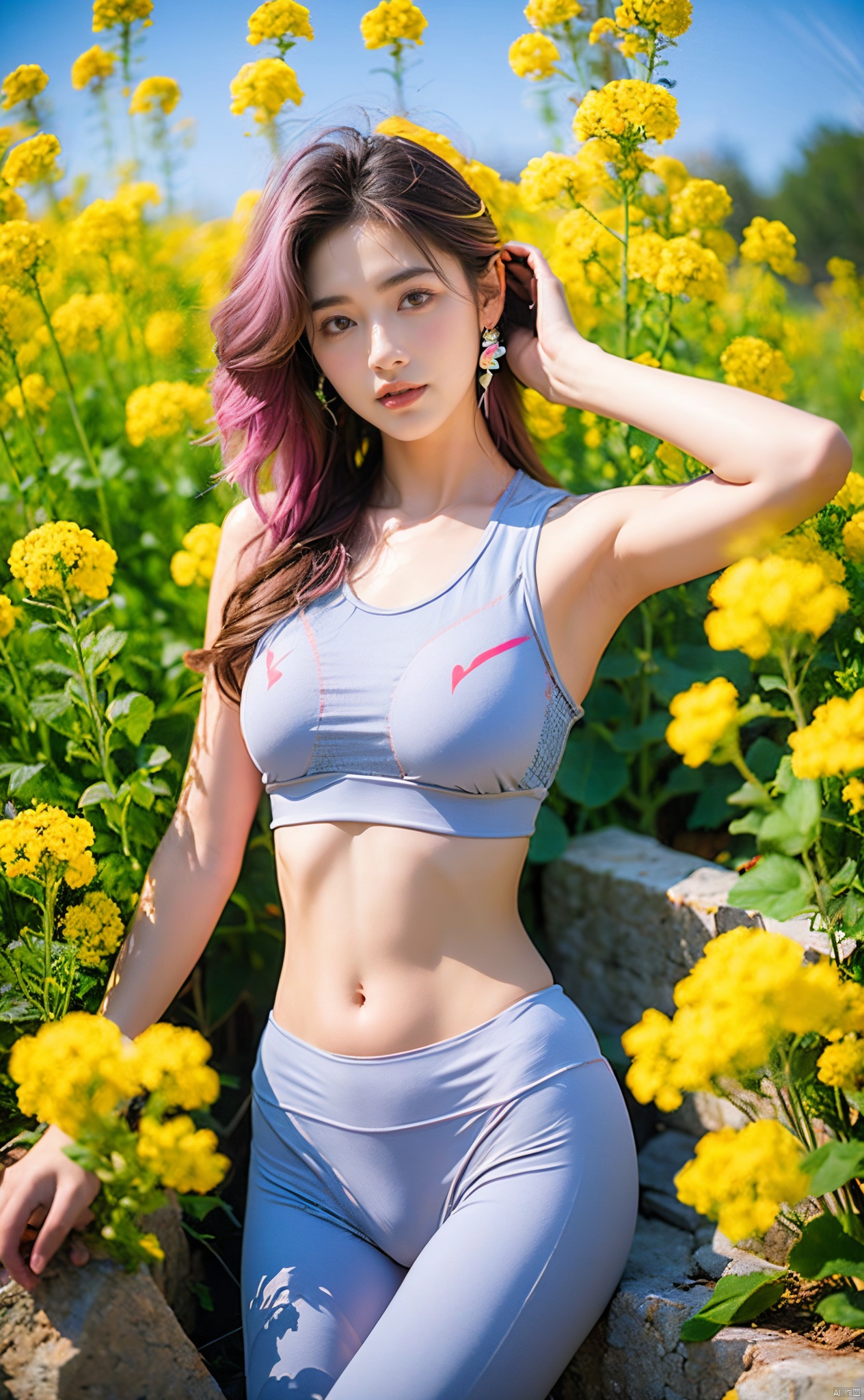 1 girl, (light gray yoga suit) , multi-colored hair, pink hair, butterfly headband, white electric sports headset, (rape flower) , sea of flowers, body, lie down, navel, white transparent skin, seen from above, represented by Hearts, decorated with blue hearts, using lots of hearts, using lots of blue hearts as background, using lots of yellow, using lots of yellow flowers, soft light, masterpiece, best quality, 8K, HDR,
