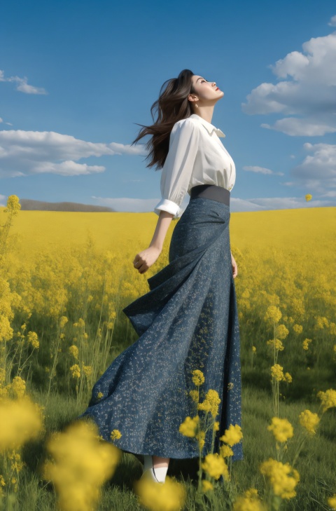  elegant asian woman in a black Mosaic dress,standing in a field of flowering rape flowers against a backdrop of blue skies and white clouds, Fairy, crystal, jewels,Crystal clear,eyeshadow,dynamic pose,(the skirt sways with the wind:1.2),(skirt_hold:1.2),high heels,Charming eyes,sideways_glance,exquisite facial features,slim legs,graceful yet melancholic posture,full shot,dutch angle,from_side,medium_shot,soft lighting,dramatic,perfect lighting,simple_background,(masterpiece, realistic, best quality, highly detailed, Ultra High Resolution, Photo Art, profession,cinematic_angle),plns,sw,1girl, dress,nature,colorful, sunyunzhu, blackpantyhose,print legwear