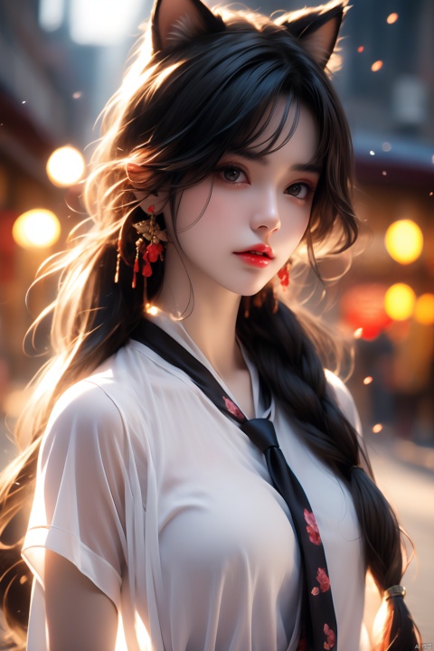  1girl, solo, long hair, breasts, looking at viewer, bangs, shirt, black hair, hair ornament, animal ears, jewelry, medium breasts, closed mouth, white shirt, upper body, ponytail, multicolored hair, earrings, outdoors, necktie, cat ears, blurry, lips, animal ear fluff, night, depth of field, blurry background, piercing, floral print, ear piercing, hoop earrings, nose, red lips