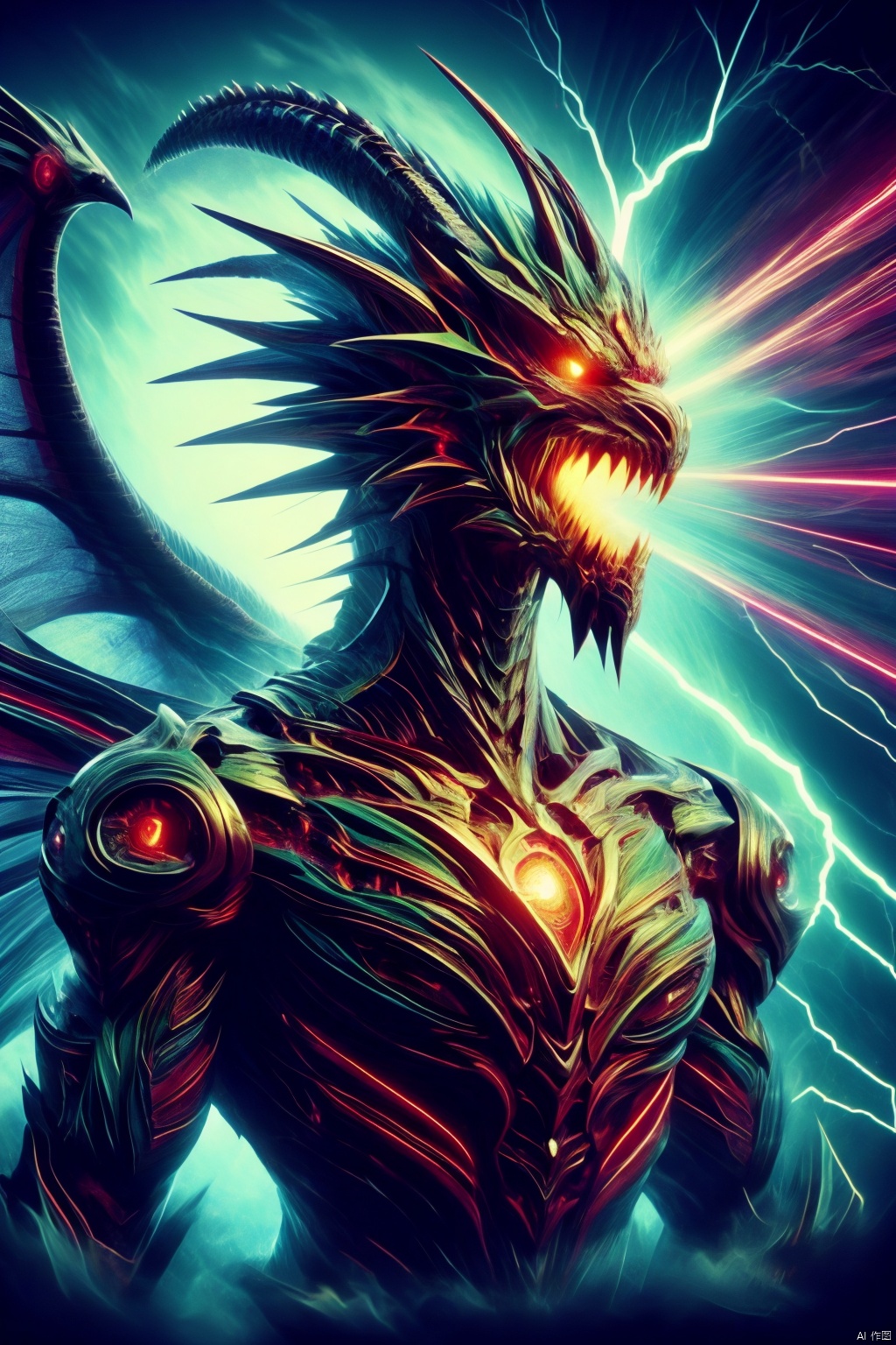  solo, open mouth, wings, teeth, no humans, glowing, sharp teeth, glowing eyes, monster, dragon, electricity, lightning, kaijuu
