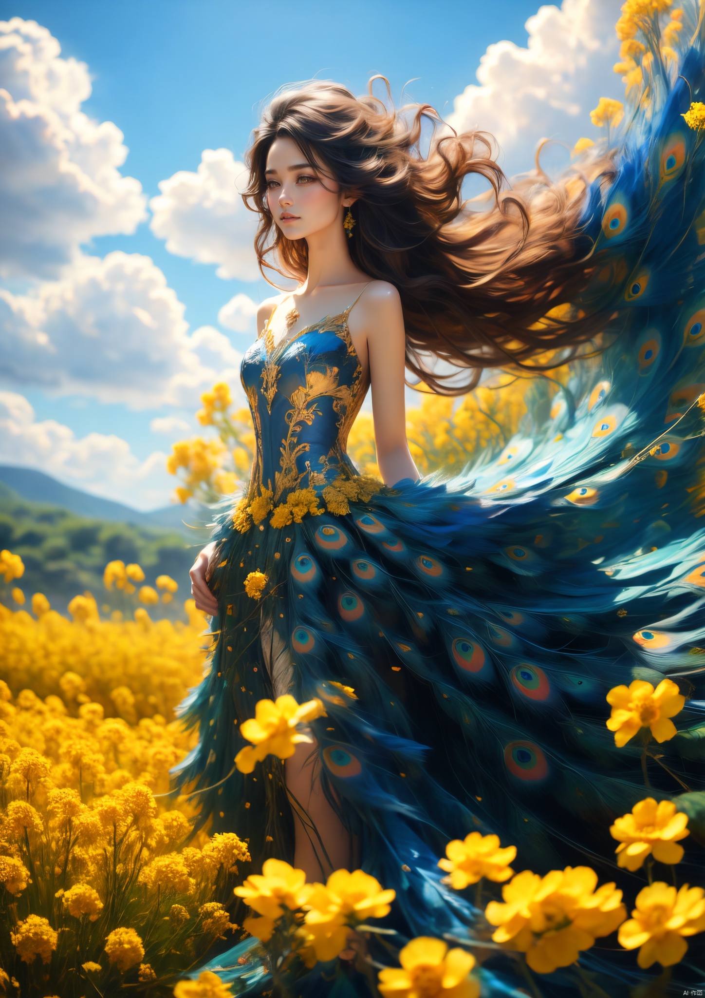  A girl wearing a peacock blue dress standing in the golden rapeseed flower field, her hair gently swaying in the breeze, bathed in sunlight, making her look like a fairy. Behind her is an endless sea of rapeseed flowers, with blue skies, white clouds, and rolling hills in the distance. High-definition photo of a girl in a peacock-blue dress standing in a rapeseed flower field, with long hair fluttering in the wind, bathed in golden sunlight, looking like a fairy, with a vast sea of rapeseed flowers, blue sky, white clouds, and rolling hills in the background. Sharp focus, high-quality picture, dramatic, photorealistic painting art by midjourney and greg rutkowski., Light master