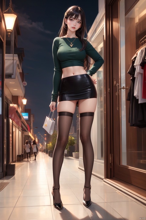  best quality, ultra detailed, masterpiece, wall paper, fashion, Lipstick, tall girl, Dim light, Tyndall effect, 1girl, solo, (full body:1.2),(thighhighs:1.1),dynamic pose, looking at viewer, glossy skin, (hair ornament),Tight, Self-cultivation,(dark green sweater:1.1),
necklace, jewelry,gray miniskirt, brown hair,black high heels, jitome,absolutely long hair, midriff, navel, (photorealistic:1.4), depth of field, (dark, night:1.3),A busy street,Rich shopping malls,black pantyhose, perfect body, (fine fabric emphasis:1.21),nipples,from below, (\fan hua\), tutututu,high heels