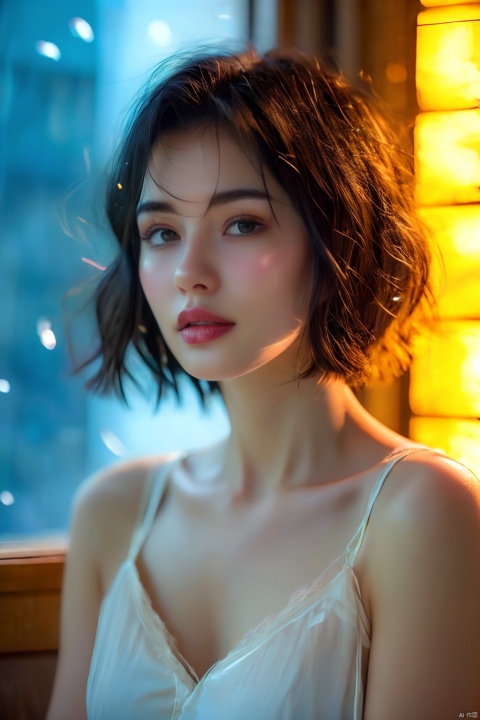  (RAW photo, best quality), (realistic, photo-realistic:1.2), 1girl,middle breasts,Cleavage,undergarments,Upper body, high quality, (high detailed skin:1.4), puffy eyes, gorgeous hair, (dark room:1.3), (rim lighting:1.3), (dimly lit:1.3), (dark night:1.3), indoors, portrait, black hair, dark background, short hair, 1 girl, ((poakl)),closed mouth,missionary, ((poakl)), Purity Portait