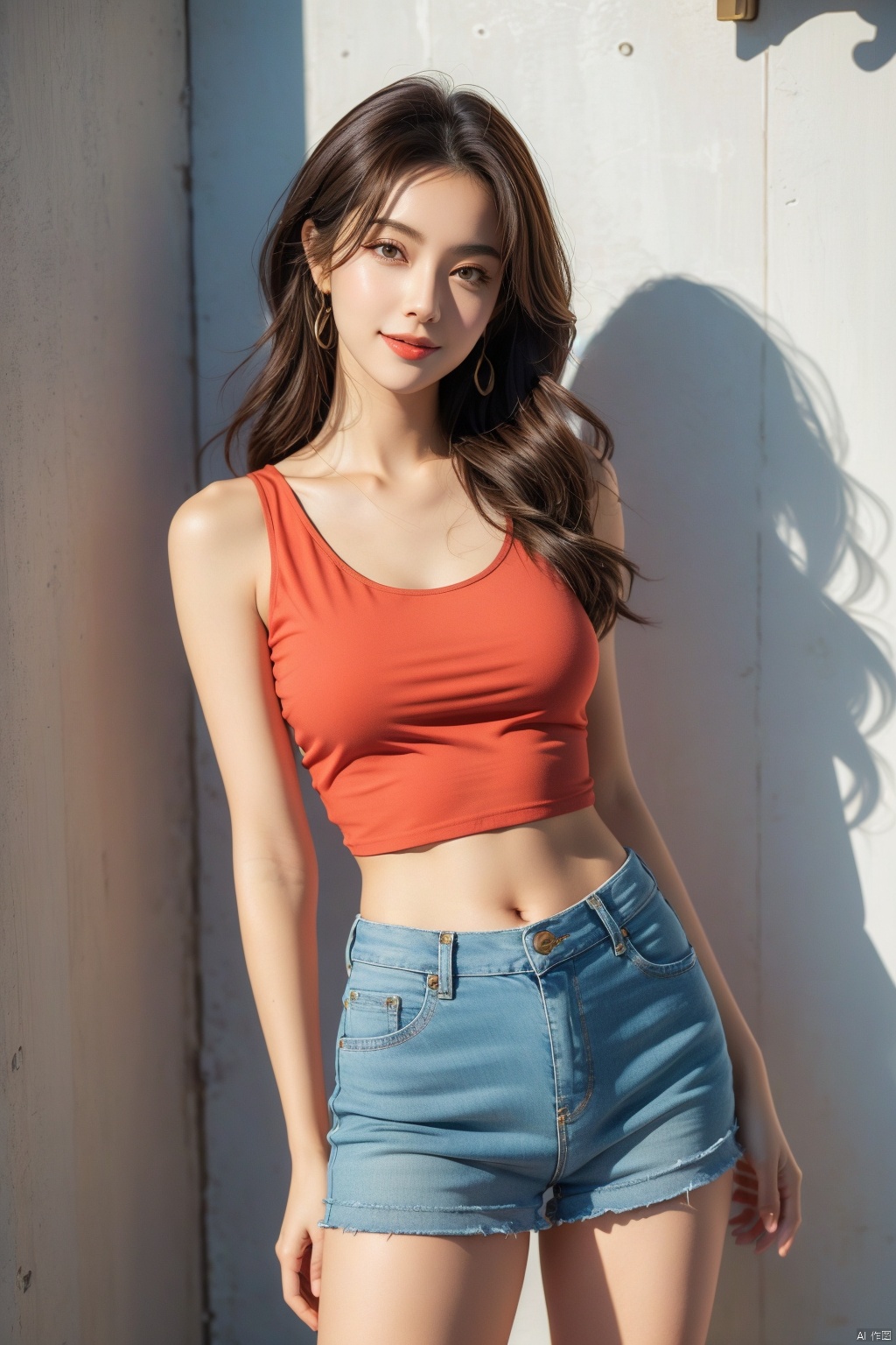  1girl, solo, breasts, looking at viewer, smile, brown hair, black hair, navel, bare shoulders, brown eyes, jewelry, closed mouth, standing, collarbone, cowboy shot, midriff, pants, lips, shadow, **** top, denim, jeans, realistic, arms at sides, 1girl,short skirt, （\personality\）, 1 girl,moyou