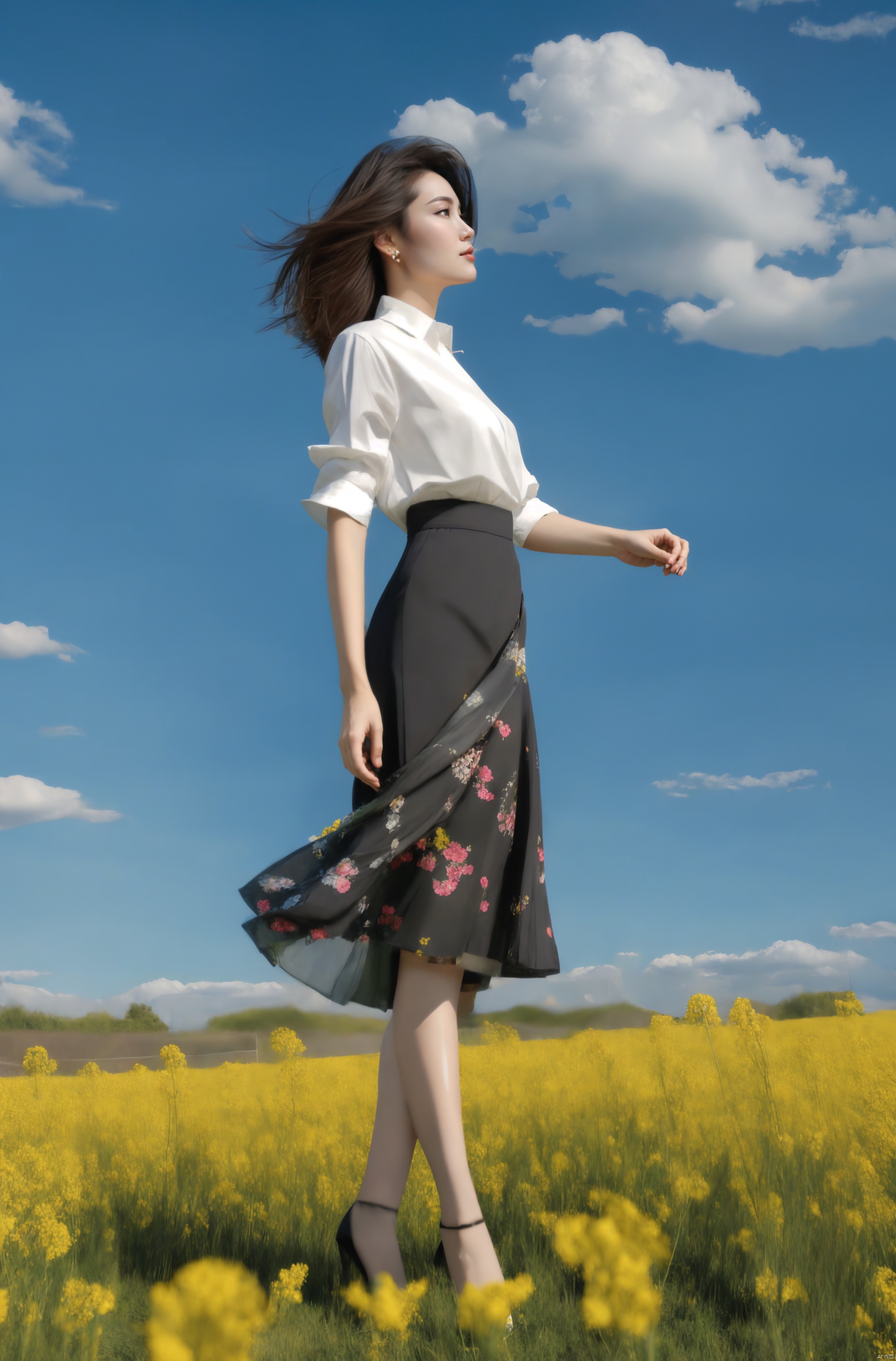  elegant asian woman in a black Mosaic dress,standing in a field of flowering rape flowers against a backdrop of blue skies and white clouds, Fairy, crystal, jewels,Crystal clear,eyeshadow,dynamic pose,(the skirt sways with the wind:1.2),(skirt_hold:1.2),high heels,Charming eyes,sideways_glance,exquisite facial features,slim legs,graceful yet melancholic posture,full shot,dutch angle,from_side,medium_shot,soft lighting,dramatic,perfect lighting,simple_background,(masterpiece, realistic, best quality, highly detailed, Ultra High Resolution, Photo Art, profession,cinematic_angle),plns,sw,1girl, dress,nature,colorful, sunyunzhu, blackpantyhose,print legwear