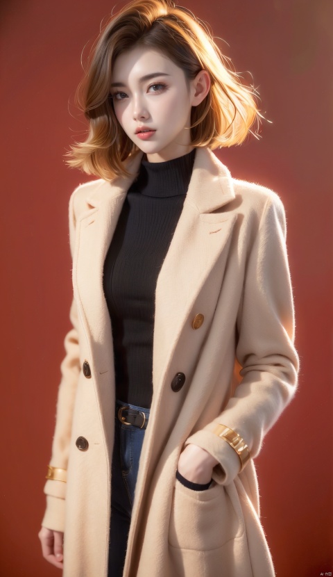  Girl, red wool coat, pretty face, short hair, blonde hair, (photo reality: 1.3) , Edge lighting, (high detail skin: 1.2) , 8K Ultra HD, high quality, high resolution, best ratio of four fingers and one thumb, (photo reality: 1.3) , wearing a red coat, white shirt inside, large breasts, solid color background, solid red background, advanced feeling, texture pull full, 1 girl, xiqing, hszt, xiaxue, dongji, Light master, ((poakl))