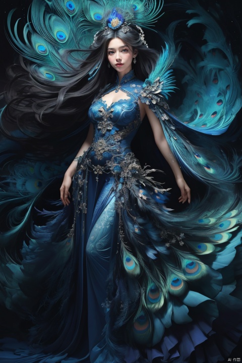  Best Quality,full body, masterpiece, ultra-high resolution, (photo realistic: 1.4) , Surrealism, Fantastical verisimilitude, beautiful blue-skinned goddess Phoenix Peacock on her head, fantastical creation, thriller color scheme, surrealism, abstract, psychedelic, 1 girl, (\shuang hua\), nai3, xiqing