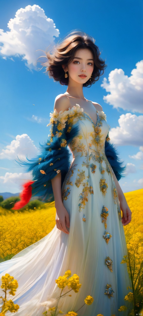  An elegant woman in a peacock-feather dress, short blonde hair, standing in a field of flowering rape flowers against a backdrop of blue skies and white clouds, her hair and the corners of her dress fluttering slightly in the breeze, in high-definition, famous artist, Master Light&#039;s art painting