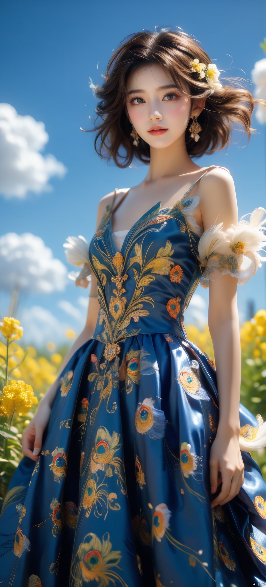  An elegant woman in a peacock-feather dress, short blonde hair, standing in a field of flowering rape flowers against a backdrop of blue skies and white clouds, her hair and the corners of her dress fluttering slightly in the breeze, in high-definition, famous artist, Master Light&#039;s art painting