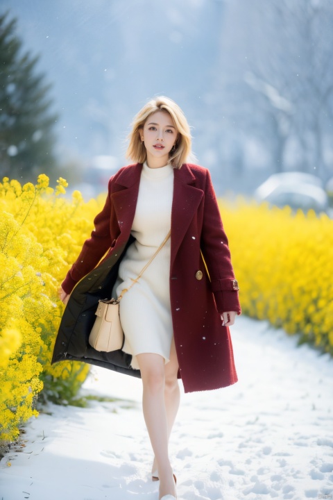 A woman in a red tweed coat, short blonde hair, standing gracefully among canola flowers, snowflakes falling from the sky, snowflakes covering the earth, thick snow, a high-definition photo, an elegant woman, long coat, blond hair, long legs, bare legs, high heels, standing in a rape field, snowflakes falling, Snowflakes falling to the ground, this photo was taken by Greigg Ruttkowski at Artstation