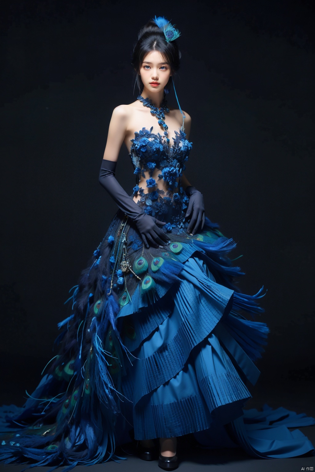 Peacock, 1 girl, solo, dress, gloves, feather dress, look at the audience, hair accessories, elbow gloves, Blue Eyes, cowboy shoot, standing, Hair Bun, bare shoulders, dress, hair bun, black gloves, flowers, Bangs, gray hair, shut up, black background, simple background,1 girl,yuzu