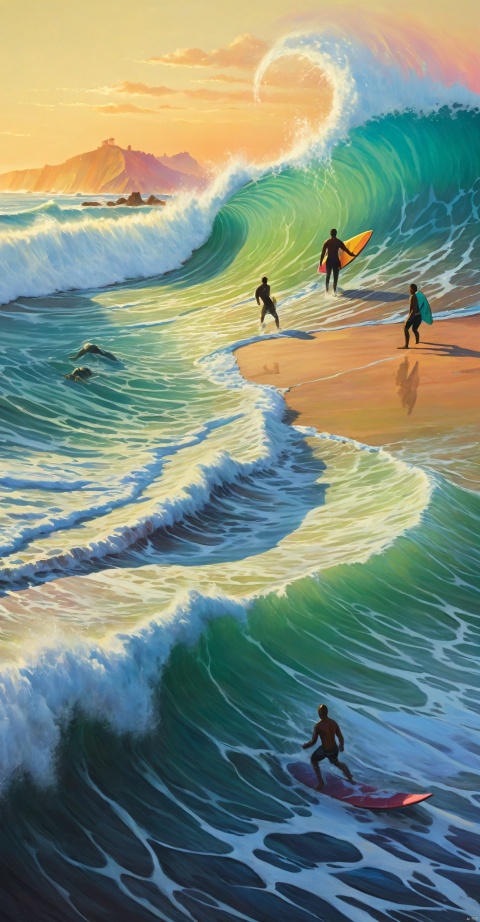 Colorful beach scene with crashing waves, surfers riding the waves, resonance and breaking waves, vibrant colors, high quality image, sharp focus, photorealistic painting by midjourney and greg rutkowski., Water,