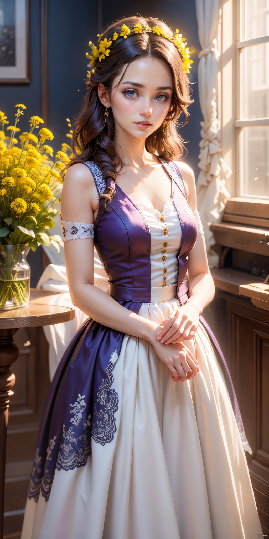 A beautiful young woman taking indoor photoshoot, wearing a flower crown made of various fresh flowers, holding a bouquet of bright rapeseed flowers. Standing in front of a pure purple-blue background, illuminated by soft and professional movie-level lighting that enhances her charm and the beauty of the flower crown. High-definition photo of the most beautiful artwork in the world featuring a girl with a flower crown and rapeseed flowers, indoor, soft light, trending on Unsplash, Purple Blue background, cinematic lighting, intricate, high detail, sharp focus, dramatic, photorealistic painting art by midjourney and greg rutkowski.