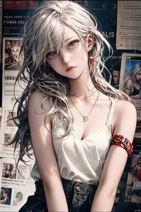  paper background, 1girl, jewelry, long hair, earrings, looking at viewer, necklace, grey eyes, upper body, breasts, paper, bare shoulders, closed mouth, bangs, piercing, collarbone, white hair, solo, ear piercing, hair between eyes, head tilt, sleeveless, lips, wavy hair, solo focus, cleavage, armband, messy hair