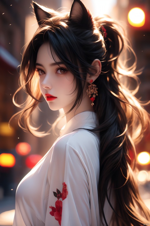  1girl, solo, long hair, breasts, looking at viewer, bangs, shirt, black hair, hair ornament, animal ears, jewelry, medium breasts, closed mouth, white shirt, upper body, ponytail, multicolored hair, earrings, outdoors, necktie, cat ears, blurry, lips, animal ear fluff, night, depth of field, blurry background, piercing, floral print, ear piercing, hoop earrings, nose, red lips