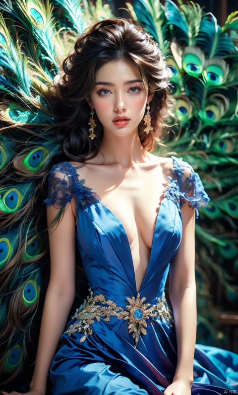  Masterpiece, best quality, bust, 1girl, Peacock princess, blue dress, exquisite face, sexy, white skin, medium chest, HD photography, (Peacock) , ((poakl)), plns