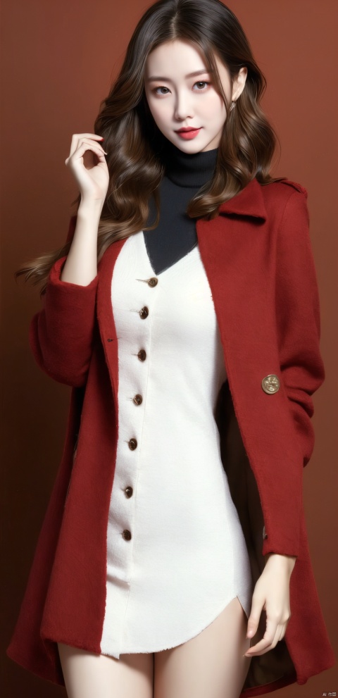 Outdoor scenery, girls, red wool coat, pretty face, short hair, blonde hair, (photo reality: 1.3) , Edge lighting, (high-detail skin: 1.2) , 8K Ultra HD, high quality, high resolution, the best ratio of four fingers and thumb, (photo reality: 1.3) , wearing a red coat, white shirt inside, large breasts, hand-held rape flower, solid background, solid red background, advanced feeling, texture full, 1 girl, Xiqing, HZT, Xiaxue, dongy, a girl, magic eyes, black 8d smooth stockings, 1 girl, Xiqing, HSZT, (Mengze) 