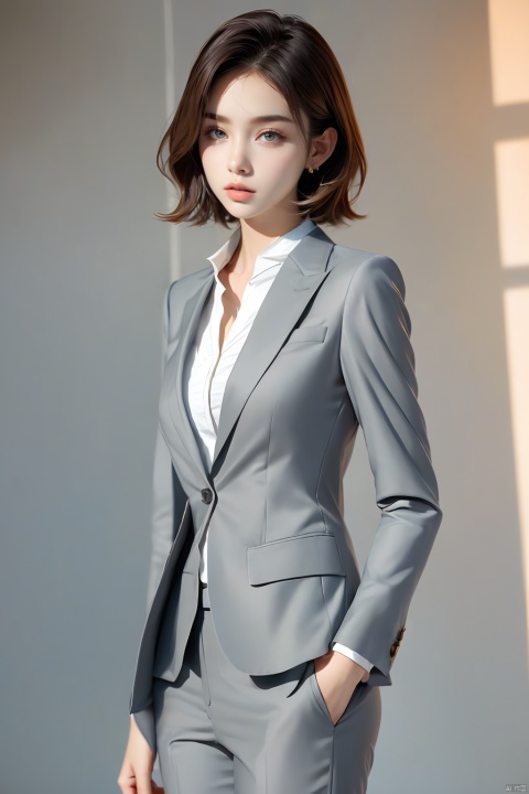A girl, in a suit, short white hair, HD photography, HD 16K,