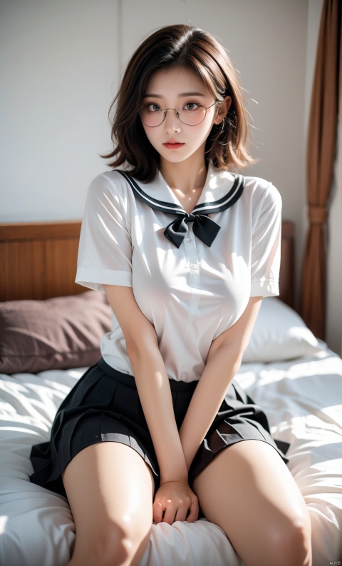 Enhanced, masterpiece, 16K, JK, 1 girl, glasses, short hair, school uniform, skirt, sitting on the bed, Big Boobs, Big Boobs, Girl