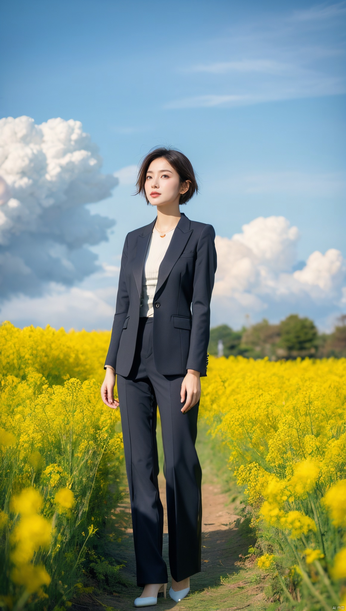 A elegant woman in a dark suit with golden short hair, standing in a field of blooming rapeseed flowers against a backdrop of blue sky and white clouds, gentle breeze blowing, causing her clothes corner and hair to flutter slightly, high quality full HD picture, art painting by famous artist.