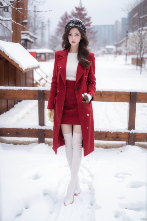 A girl in a red coat standing in the snowy outdoors, wearing high heels and silk stockings, surrounded by white snow. High quality photo of a beautiful woman in a red coat with long legs and high heels in a winter wonderland. Snowy landscape, beautiful girl, red coat, high heels, silk stockings, outdoor winter scene, trending on Pinterest, trending on DeviantArt, Intricate, High Detail, Sharp focus, dramatic, photorealistic painting art by midjourney and greg rutkowski., hy, dyzgqzm