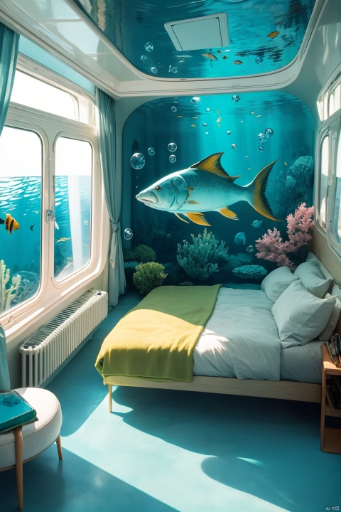  indoors, no humans, window, ground vehicle, scenery, fish, bubble, underwater, air bubble, train interior