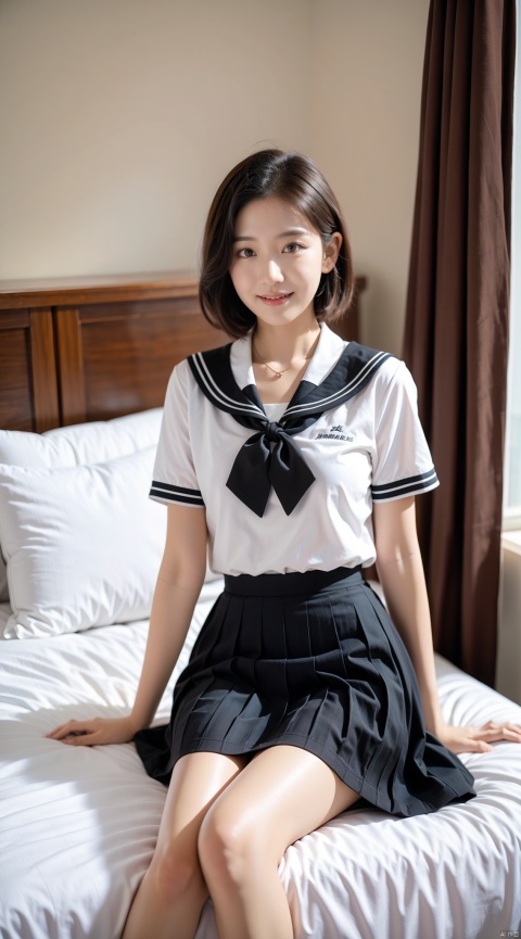  Enhanced, masterpiece, 16K, JK, 1 girl, short hair, school uniform, skirt, sitting on bed