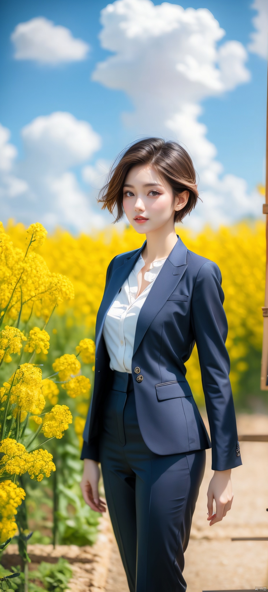  A elegant woman in a dark suit with golden short hair, standing in a field of blooming rapeseed flowers against a backdrop of blue sky and white clouds, gentle breeze blowing, causing her clothes corner and hair to flutter slightly, high quality full HD picture, art painting by famous artist., Light master